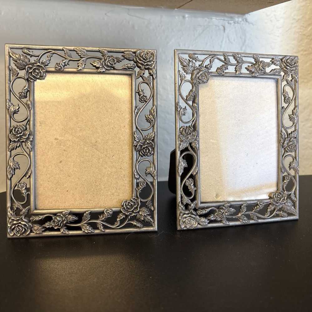 Set Of 2 Pewter Metal Picture Frames Rose Vine Relief Design